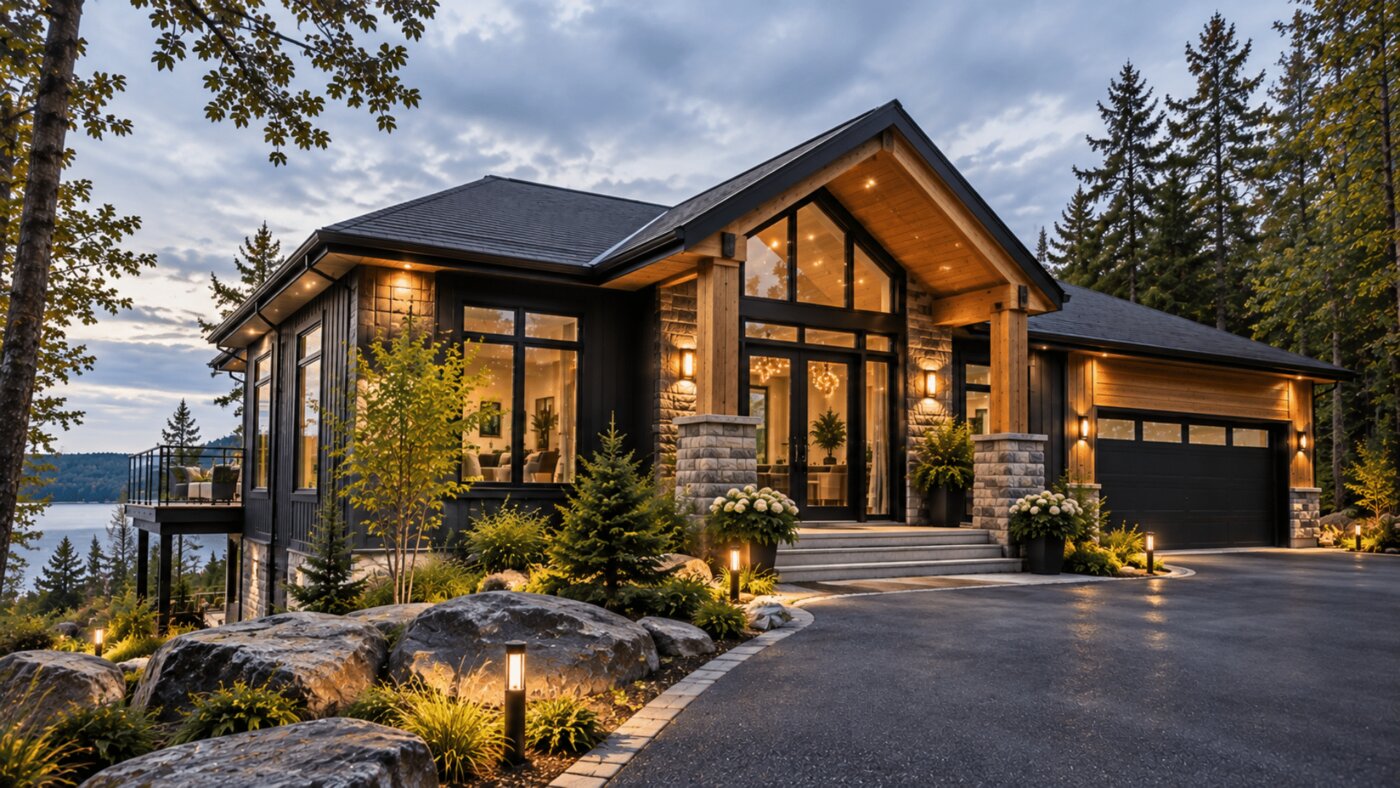 A modern lakeside home at dusk